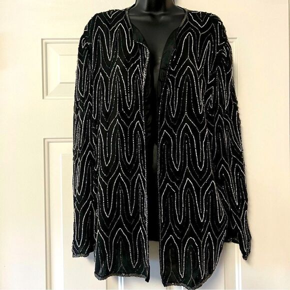 Vintage Black Silk Beaded sequin Special Evening Holiday Relaxed Fit jacket 2X - Picture 1 of 10
